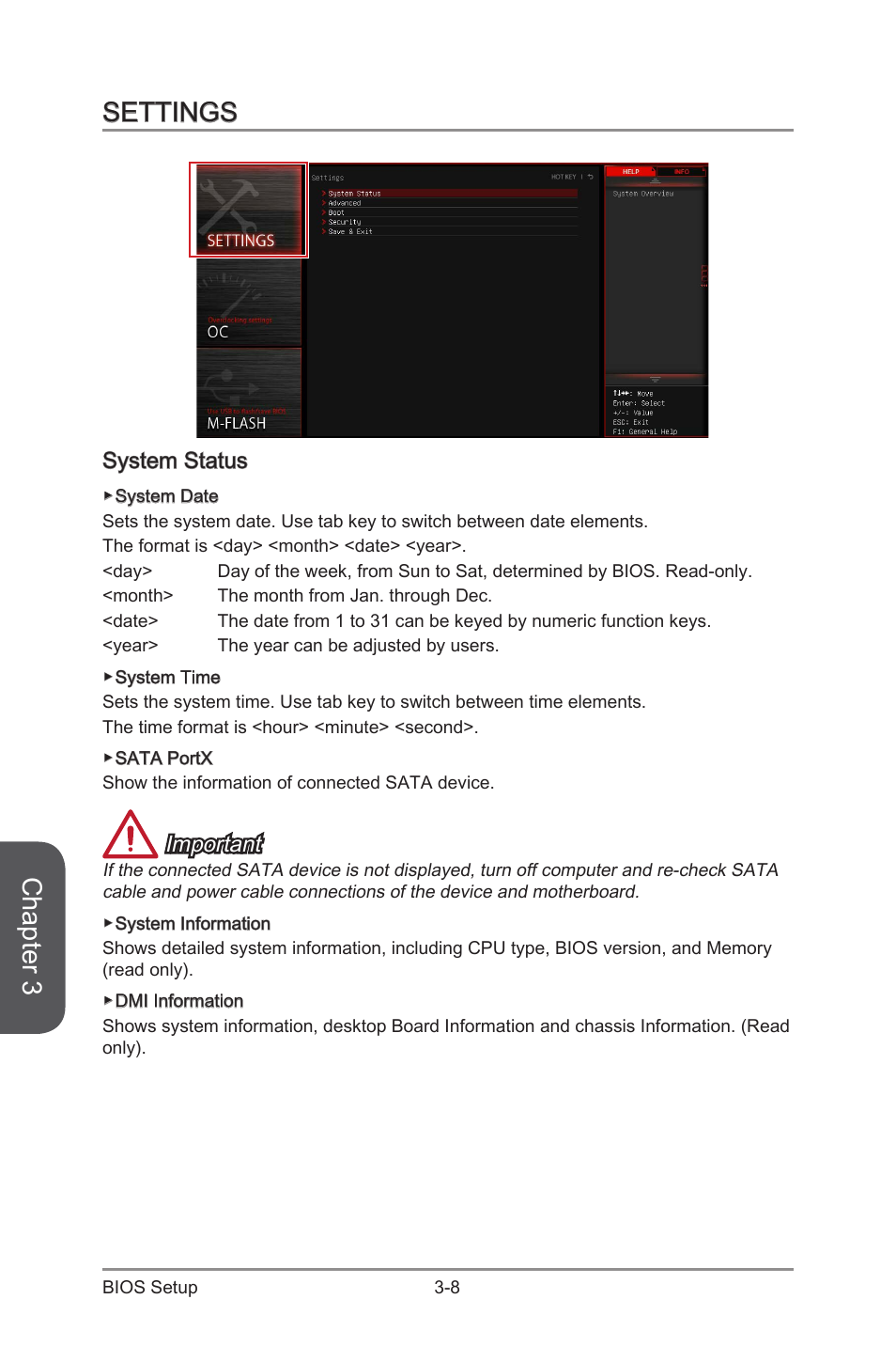 Settings -8, System status -8, Chapter 3 | Settings, System status, Important | MSI X99S GAMING 7 Manual User Manual | Page 74 / 112