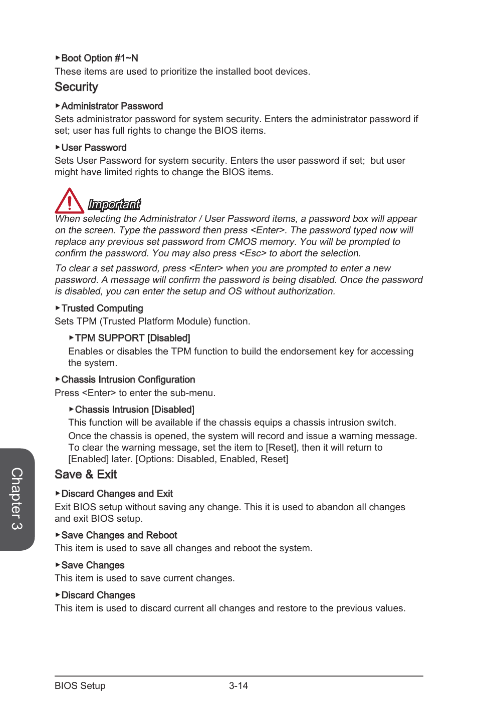 Security -14, Save & exit -14, Chapter 3 | Security, Important, Save & exit | MSI X99S GAMING 7 Manual User Manual | Page 80 / 112
