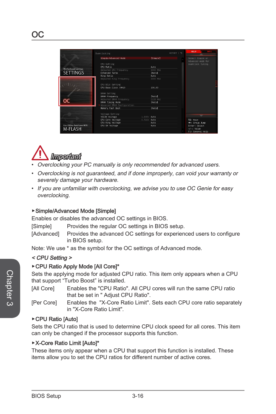 Oc -16, Chapter 3, Important | MSI X99S GAMING 7 Manual User Manual | Page 82 / 112