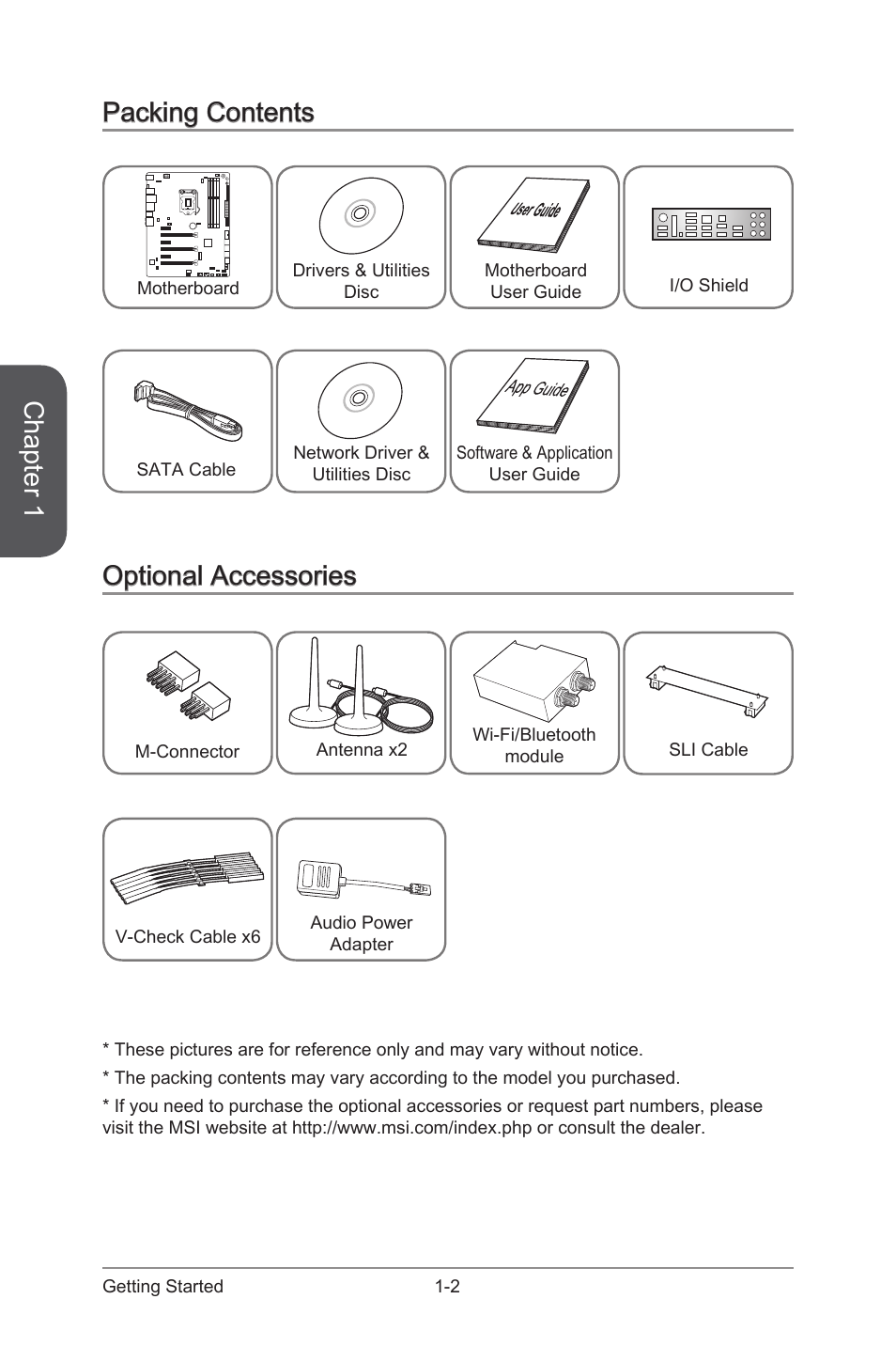 Packing contents -2 optional accessories -2, Chapter 1, Packing contents | Optional accessories | MSI Z97 GAMING 9 AC Manual User Manual | Page 16 / 112