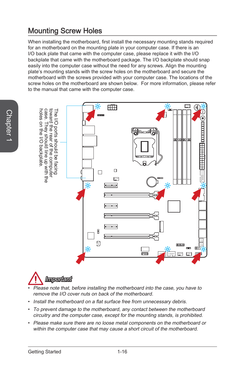 Mounting screw holes -16, Chapter 1, Mounting screw holes | Important | MSI Z97 GAMING 9 AC Manual User Manual | Page 30 / 112