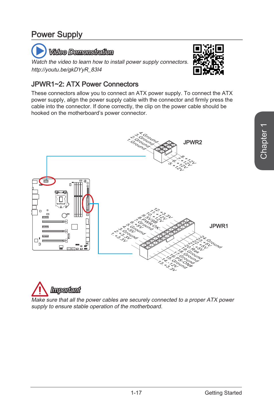 Power supply -17, Jpwr1~2: atx power connectors -17, Jpwr1~2 | Atx power connectors, Chapter 1, Power supply, Video demonstration, Jpwr1~2: atx power connectors, Important | MSI Z97 GAMING 9 AC Manual User Manual | Page 31 / 112