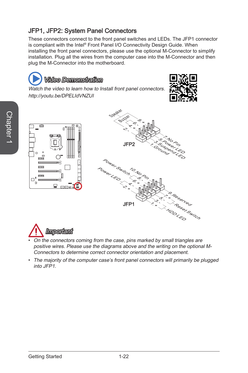 Jfp1, jfp2: system panel connectors -22, Jfp1, jfp2, System panel connectors | Chapter 1, Jfp1, jfp2: system panel connectors, Video demonstration, Important | MSI Z97 GAMING 9 AC Manual User Manual | Page 36 / 112