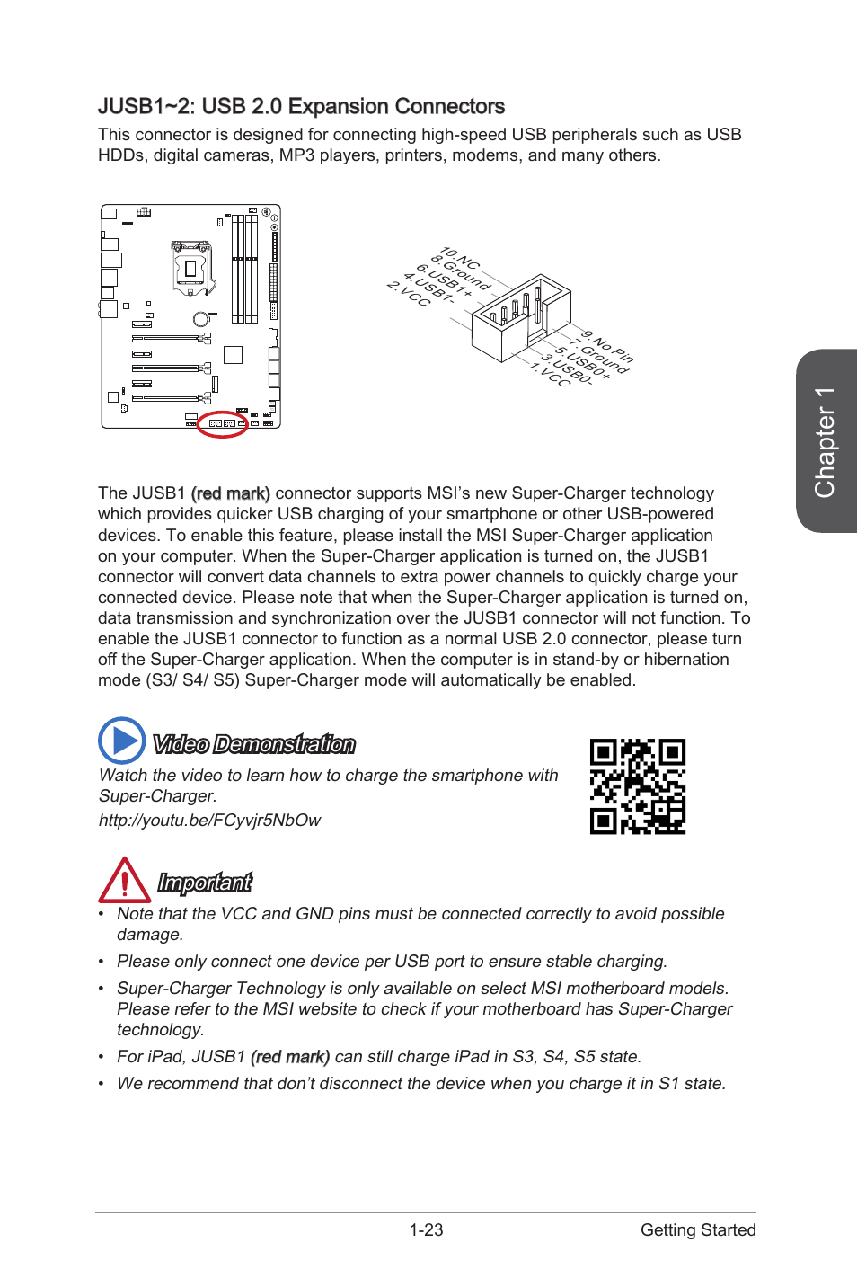 Jusb1~2: usb 2.0 expansion connectors -23, Jusb1~2, Usb 2.0 expansion connectors | Chapter 1, Jusb1~2: usb 2.0 expansion connectors, Video demonstration, Important | MSI Z97 GAMING 9 AC Manual User Manual | Page 37 / 112