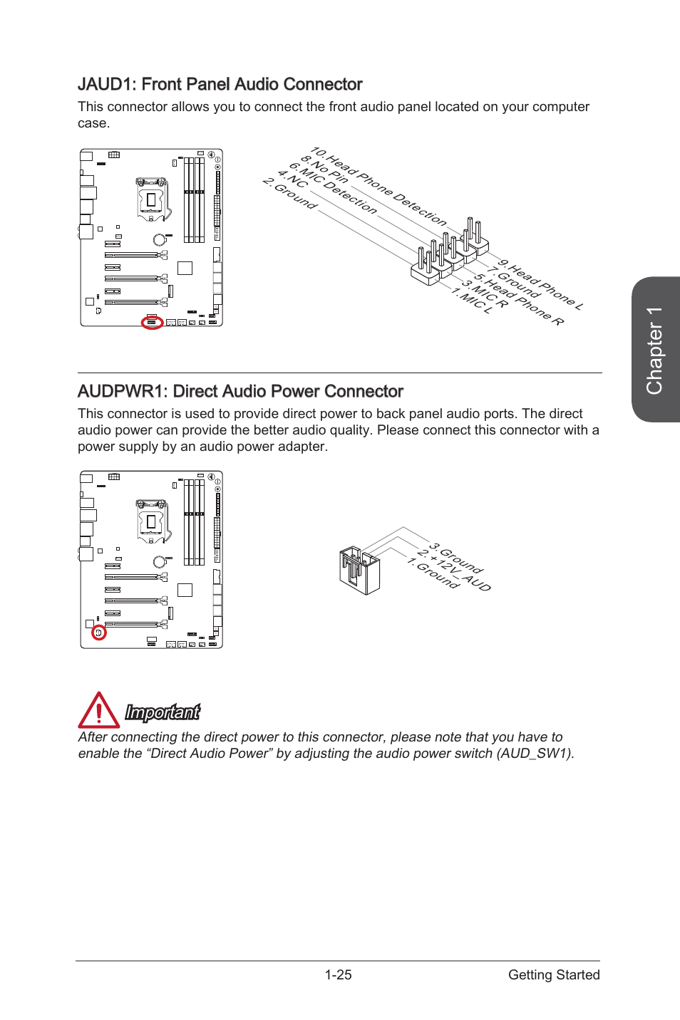 Audpwr1, Direct audio power connector, Jaud1 | Front panel audio connector, Chapter 1, Jaud1: front panel audio connector, Audpwr1: direct audio power connector, Important | MSI Z97 GAMING 9 AC Manual User Manual | Page 39 / 112