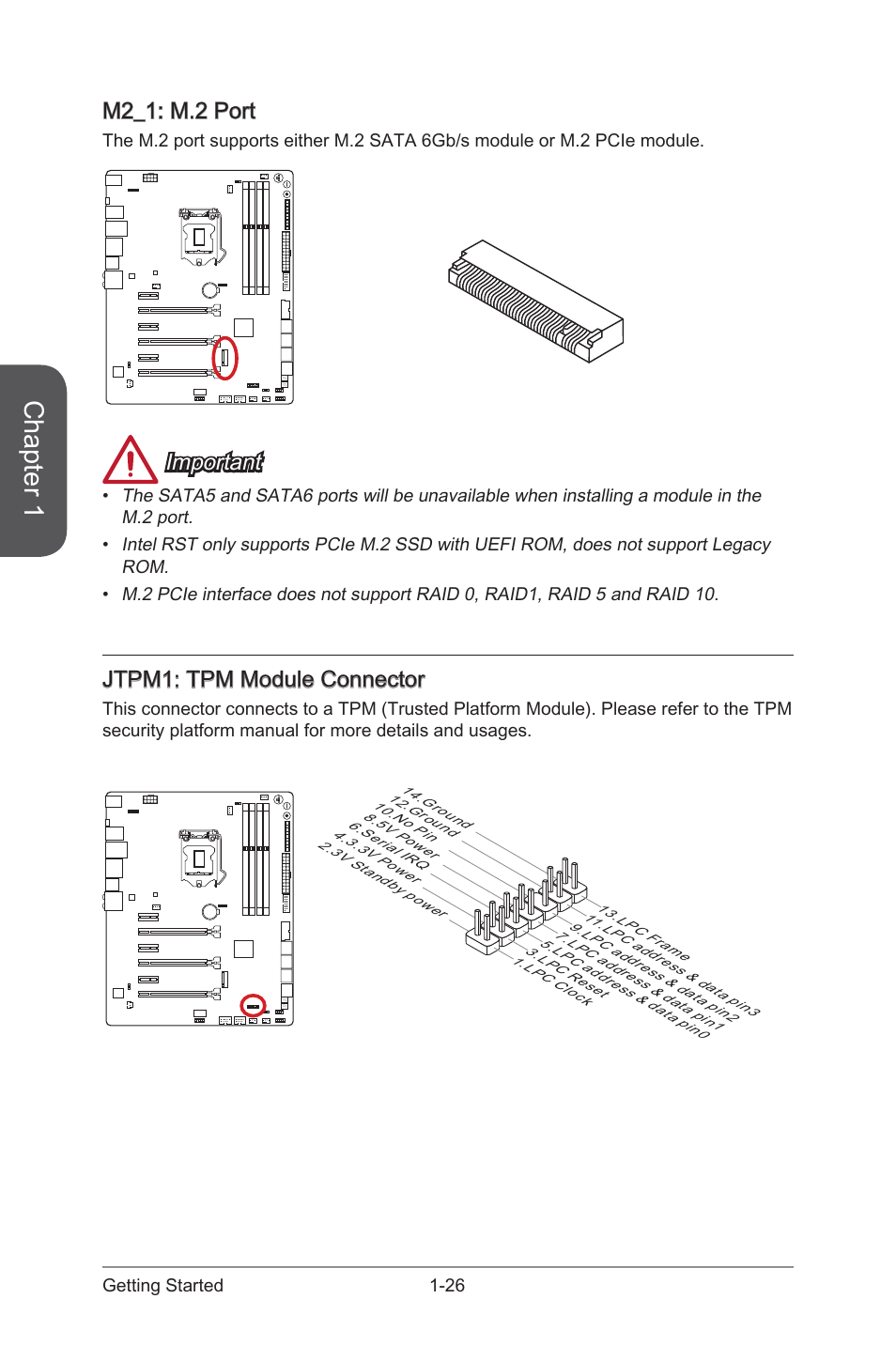 M2_1: m.2 port -26 jtpm1: tpm module connector -26, Jtpm1, Tpm module connector | M2_1, M.2 port, Chapter 1, M2_1: m.2 port, Important, Jtpm1: tpm module connector | MSI Z97 GAMING 9 AC Manual User Manual | Page 40 / 112