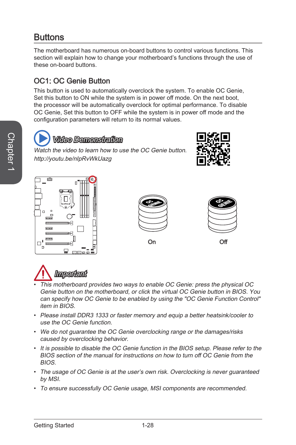 Buttons -28, Oc1: oc genie button -28, Oc genie button | Chapter 1, Buttons, Oc1: oc genie button, Video demonstration, Important | MSI Z97 GAMING 9 AC Manual User Manual | Page 42 / 112