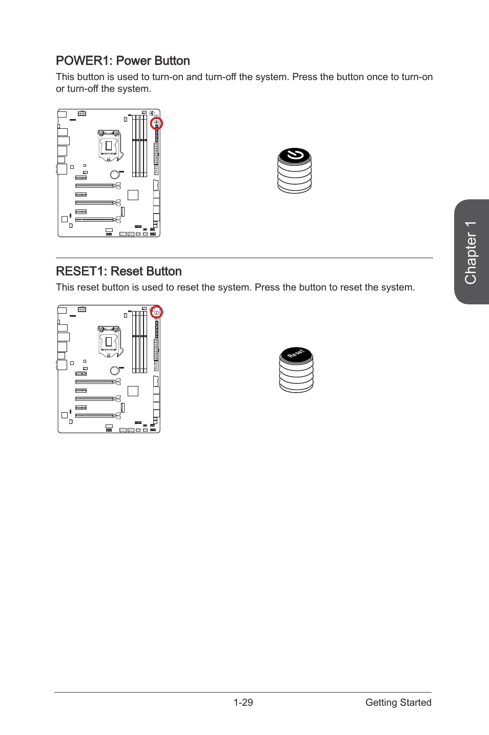 Power1: power button -29 reset1: reset button -29, Power1, Power button | Reset1, Reset button, Chapter 1, Power1: power button, Reset1: reset button | MSI Z97 GAMING 9 AC Manual User Manual | Page 43 / 112