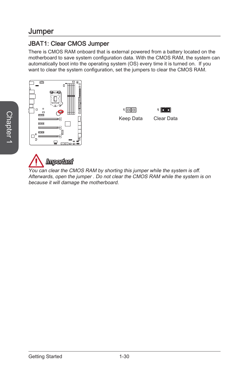Jumper -30, Jbat1: clear cmos jumper -30, Jbat1 | Clear cmos jumper, Chapter 1, Jumper, Jbat1: clear cmos jumper, Important | MSI Z97 GAMING 9 AC Manual User Manual | Page 44 / 112