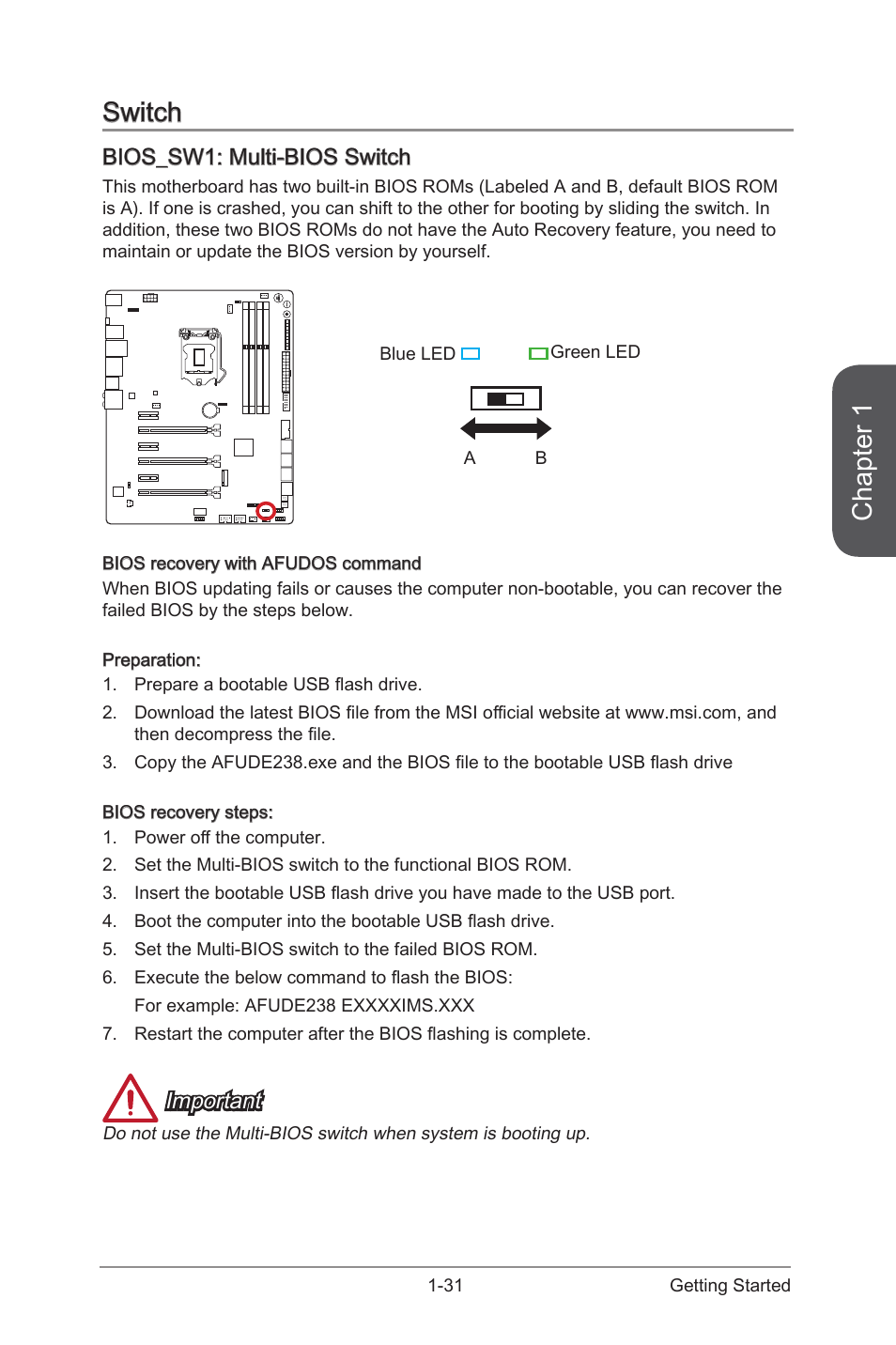 Switch -31, Bios_sw1: multi-bios switch -31, Bios_sw1 | Multi-bios switch, Chapter 1, Switch, Bios_sw1: multi-bios switch, Important | MSI Z97 GAMING 9 AC Manual User Manual | Page 45 / 112