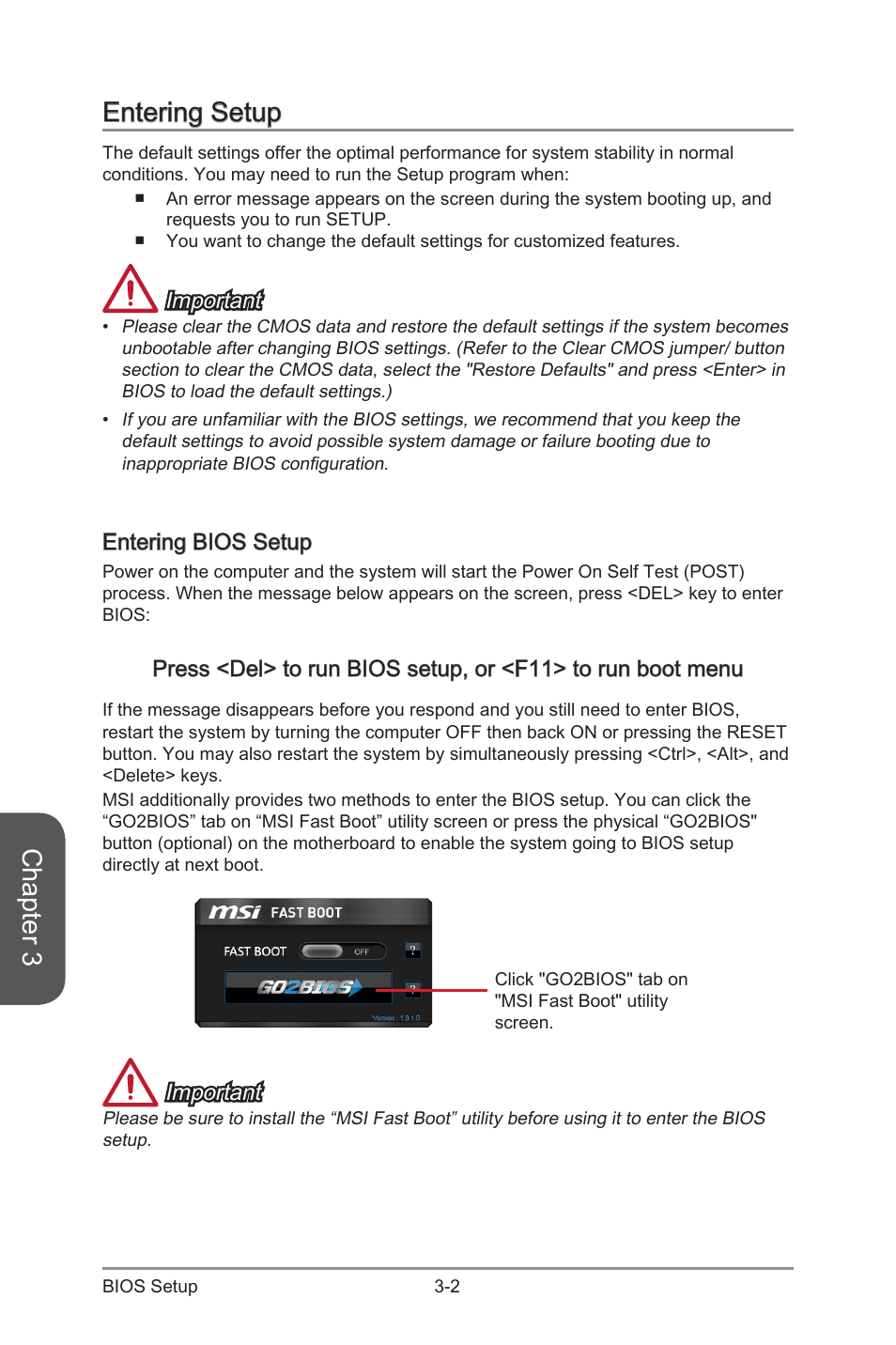 Entering setup -2, Entering bios setup -2, Chapter 3 | Entering setup, Important, Entering bios setup | MSI Z97 GAMING 9 AC Manual User Manual | Page 66 / 112