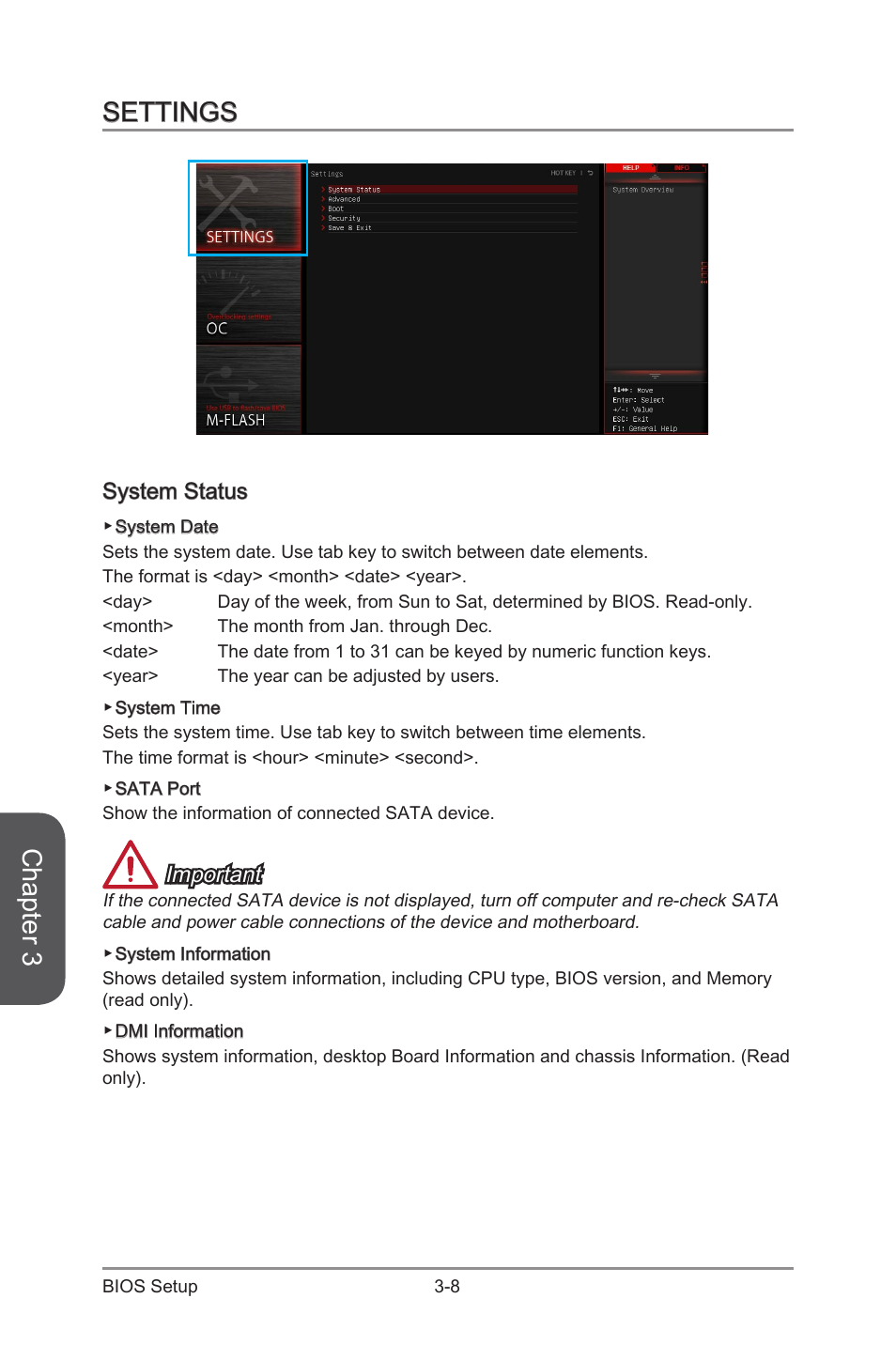 Settings -8, System status -8, Chapter 3 | Settings, System status, Important | MSI Z97 GAMING 9 AC Manual User Manual | Page 72 / 112