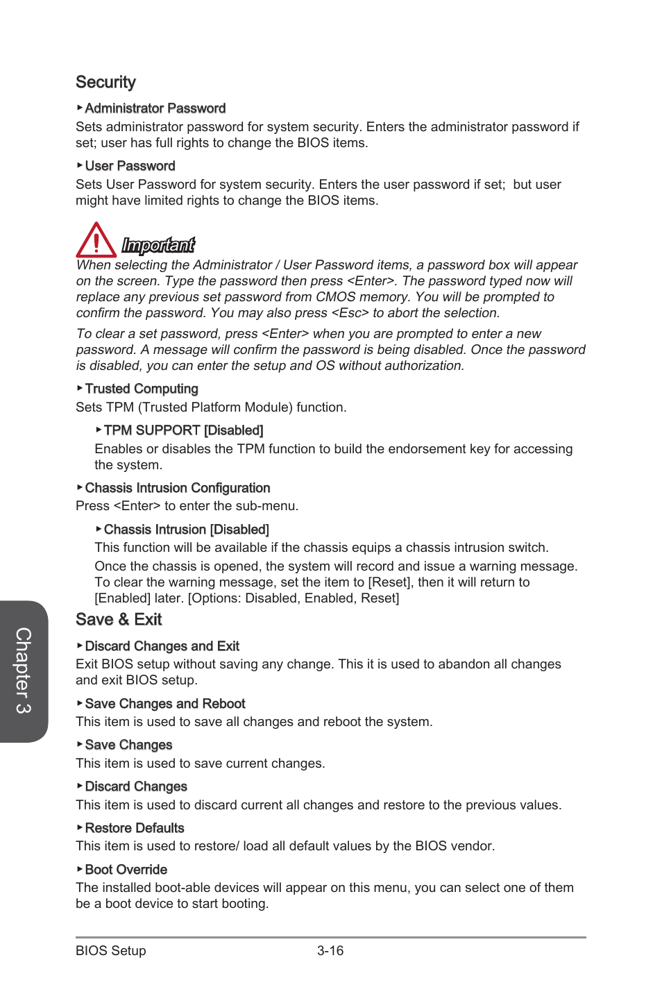 Security -16 save & exit -16, Chapter 3, Security | Important, Save & exit | MSI Z97 GAMING 9 AC Manual User Manual | Page 80 / 112