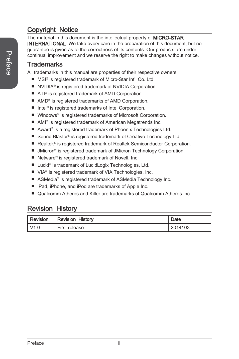 Preface, Copyright notice, Trademarks | Revision history | MSI Z97 GAMING 5 AC Manual User Manual | Page 2 / 108