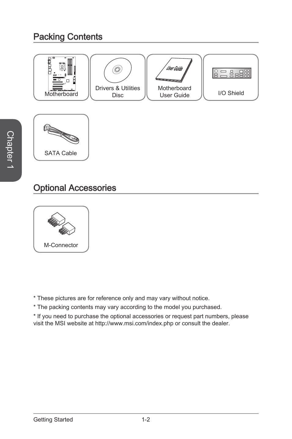 Packing contents -2 optional accessories -2, Chapter 1, Packing contents | Optional accessories | MSI H97 GAMING 3 Manual User Manual | Page 16 / 112