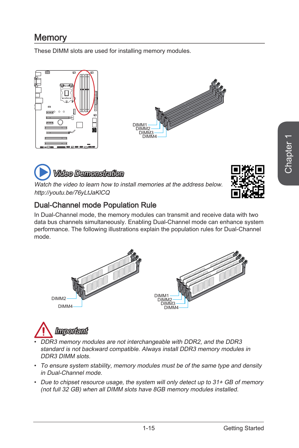 Memory -15, Dual-channel mode population rule -15, Chapter 1 | Video demonstration, Dual-channel mode population rule, Important | MSI H97 GAMING 3 Manual User Manual | Page 29 / 112