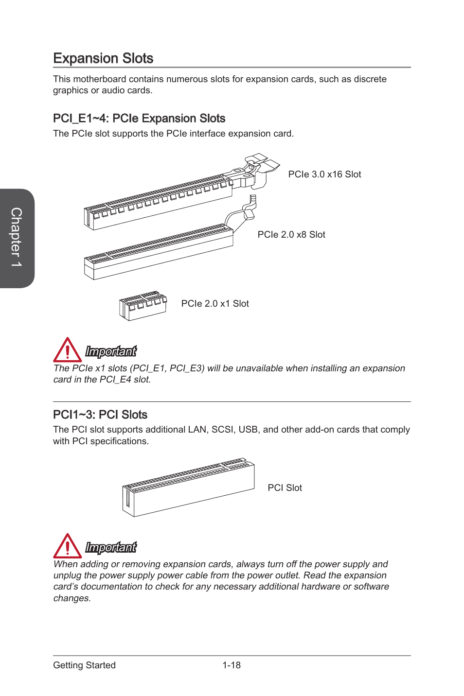 Expansion slots -18, Pci_e1~4, Pcie expansion slots | Pci1~3, Pci slots, Chapter 1, Expansion slots | MSI H97 GAMING 3 Manual User Manual | Page 32 / 112