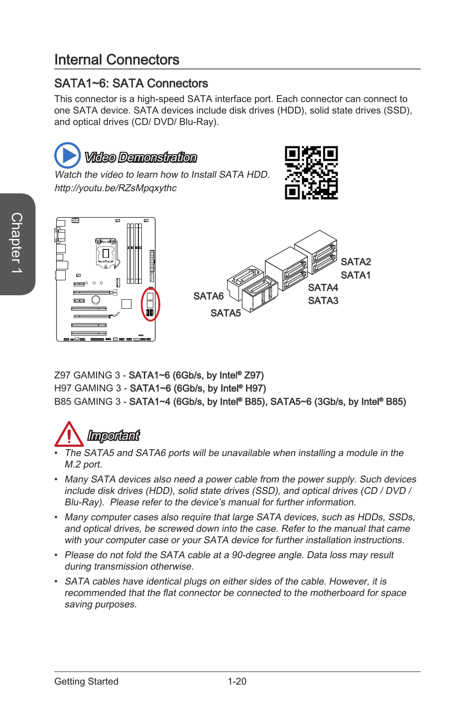 Internal connectors -20, Sata1~6: sata connectors -20, Sata1~6 | Sata connectors, Chapter 1, Internal connectors, Sata1~6: sata connectors, Video demonstration, Important | MSI H97 GAMING 3 Manual User Manual | Page 34 / 112