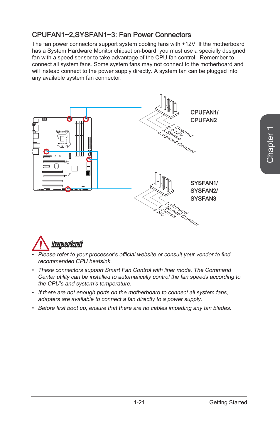 Cpufan1~2,sysfan1~3: fan power connectors -21, Cpufan1~2,sysfan1~3 fan power connectors, Chapter 1 | Cpufan1~2,sysfan1~3: fan power connectors, Important | MSI H97 GAMING 3 Manual User Manual | Page 35 / 112