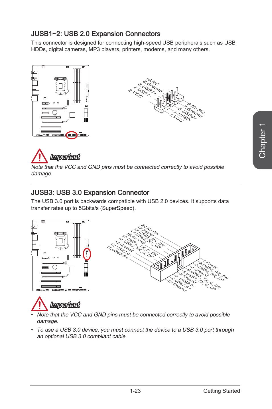 Jusb1~2, Usb 2.0 expansion connectors, Jusb3 | Usb 3.0 expansion connector, Chapter 1, Jusb1~2: usb 2.0 expansion connectors, Important, Jusb3: usb 3.0 expansion connector, 23 getting started | MSI H97 GAMING 3 Manual User Manual | Page 37 / 112