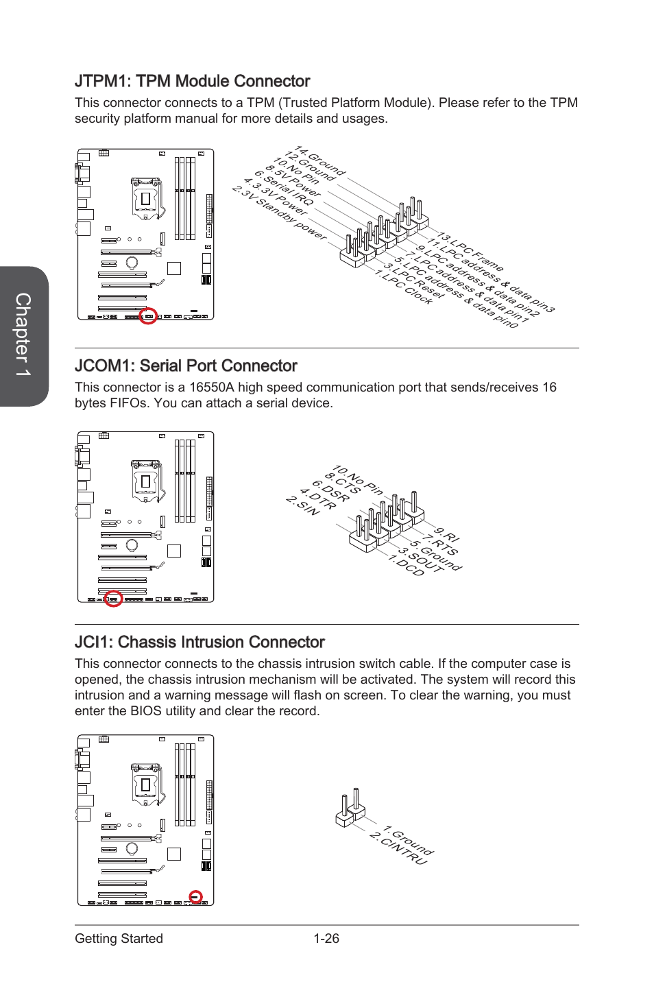 Jci1, Chassis intrusion connector, Jcom1 | Serial port connector, Jtpm1, Tpm module connector, Chapter 1, Jtpm1: tpm module connector, Jcom1: serial port connector, Jci1: chassis intrusion connector | MSI H97 GAMING 3 Manual User Manual | Page 40 / 112