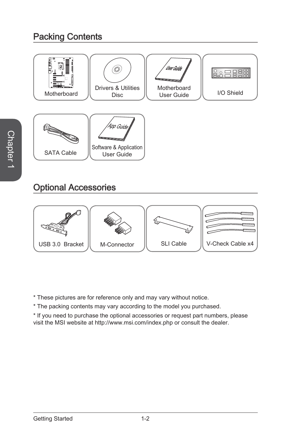 Packing contents, Optional accessories, Packing contents -2 optional accessories -2 | Chapter 1 | MSI Z97-GD65 GAMING Manual User Manual | Page 16 / 116