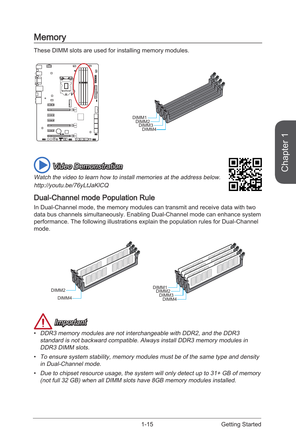 Memory, Dual-channel mode population rule, Memory -15 | Dual-channel mode population rule -15, Chapter 1, Video demonstration, Important | MSI Z97-GD65 GAMING Manual User Manual | Page 29 / 116