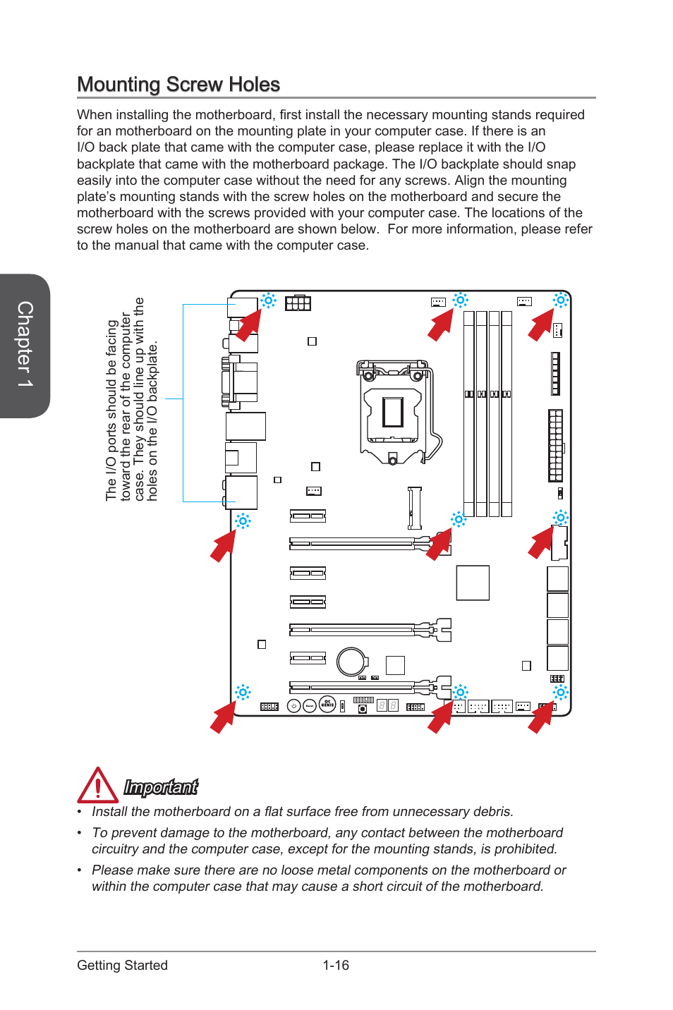 Mounting screw holes, Mounting screw holes -16, Chapter 1 | Important | MSI Z97-GD65 GAMING Manual User Manual | Page 30 / 116