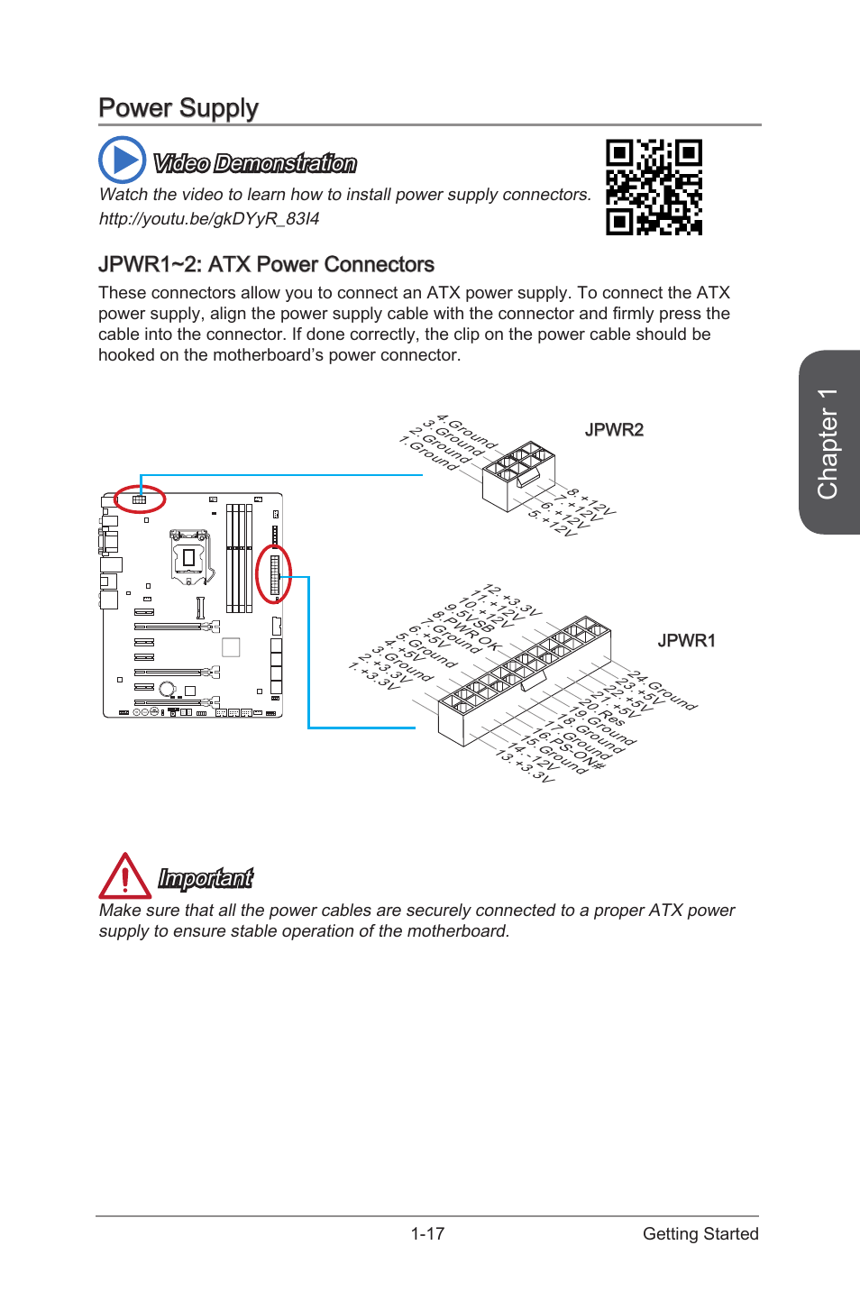 Power supply, Jpwr1~2: atx power connectors, Power supply -17 | Jpwr1~2: atx power connectors -17, Jpwr1~2, Atx power connectors, Chapter 1, Video demonstration, Important | MSI Z97-GD65 GAMING Manual User Manual | Page 31 / 116