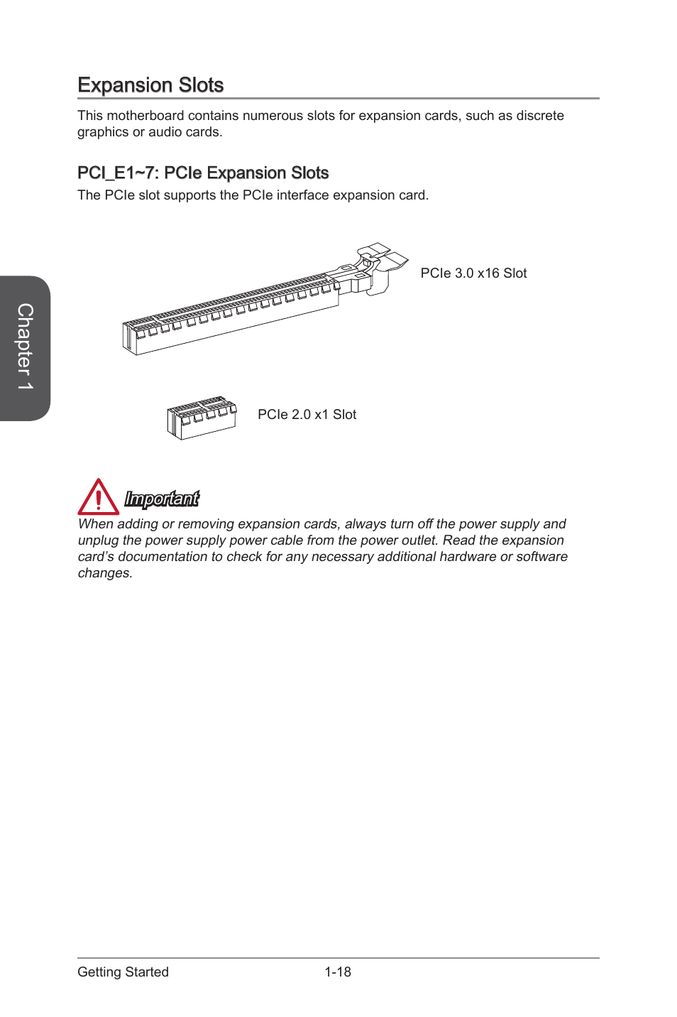 Expansion slots, Pci_e1~7: pcie expansion slots, Expansion slots -18 | Pci_e1~7: pcie expansion slots -18, Pci_e1~7, Pcie expansion slots, Chapter 1 | MSI Z97-GD65 GAMING Manual User Manual | Page 32 / 116