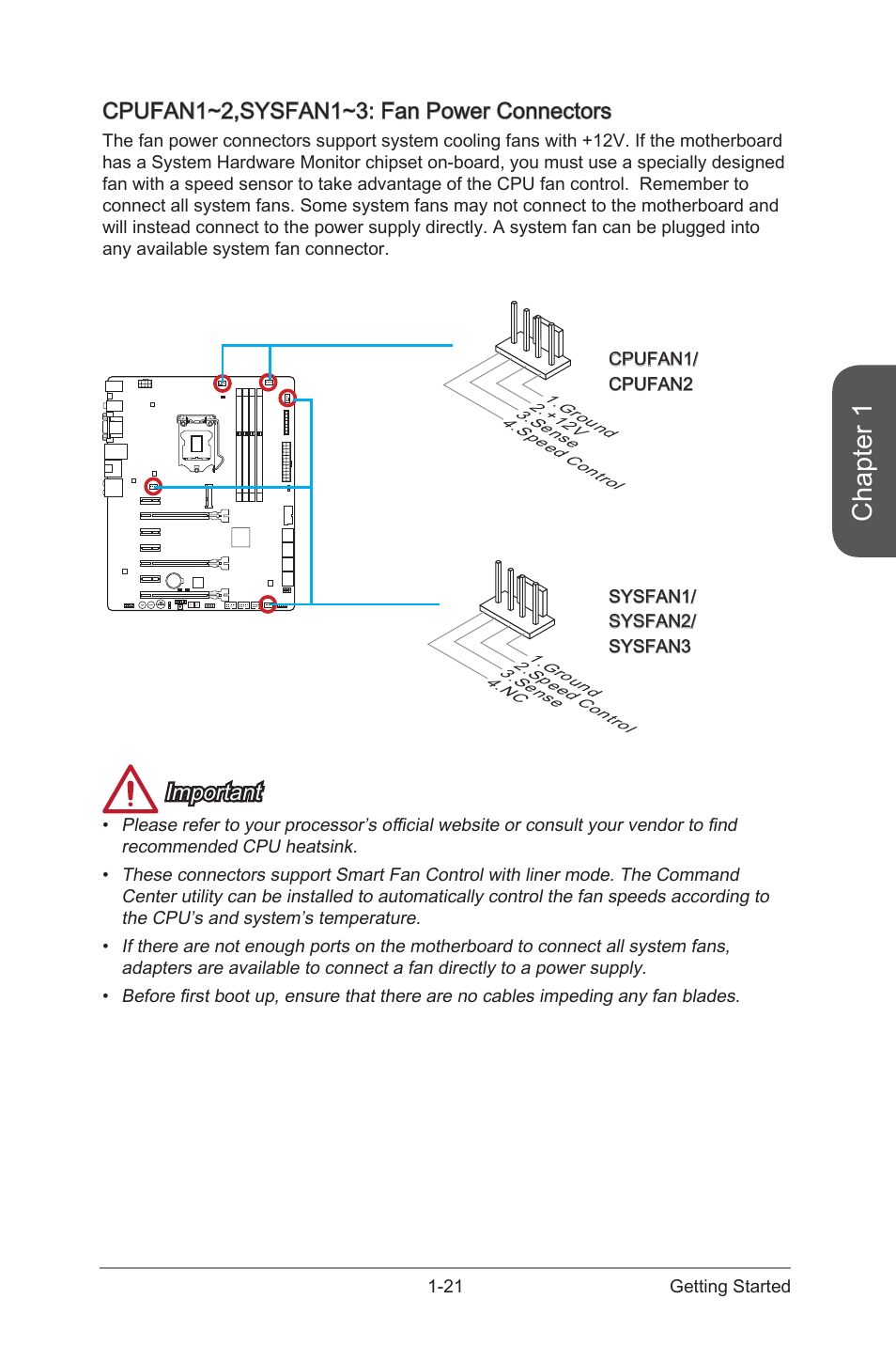 Cpufan1~2,sysfan1~3: fan power connectors, Cpufan1~2,sysfan1~3: fan power connectors -21, Cpufan1~2,sysfan1~3 fan power connectors | Chapter 1, Important | MSI Z97-GD65 GAMING Manual User Manual | Page 35 / 116