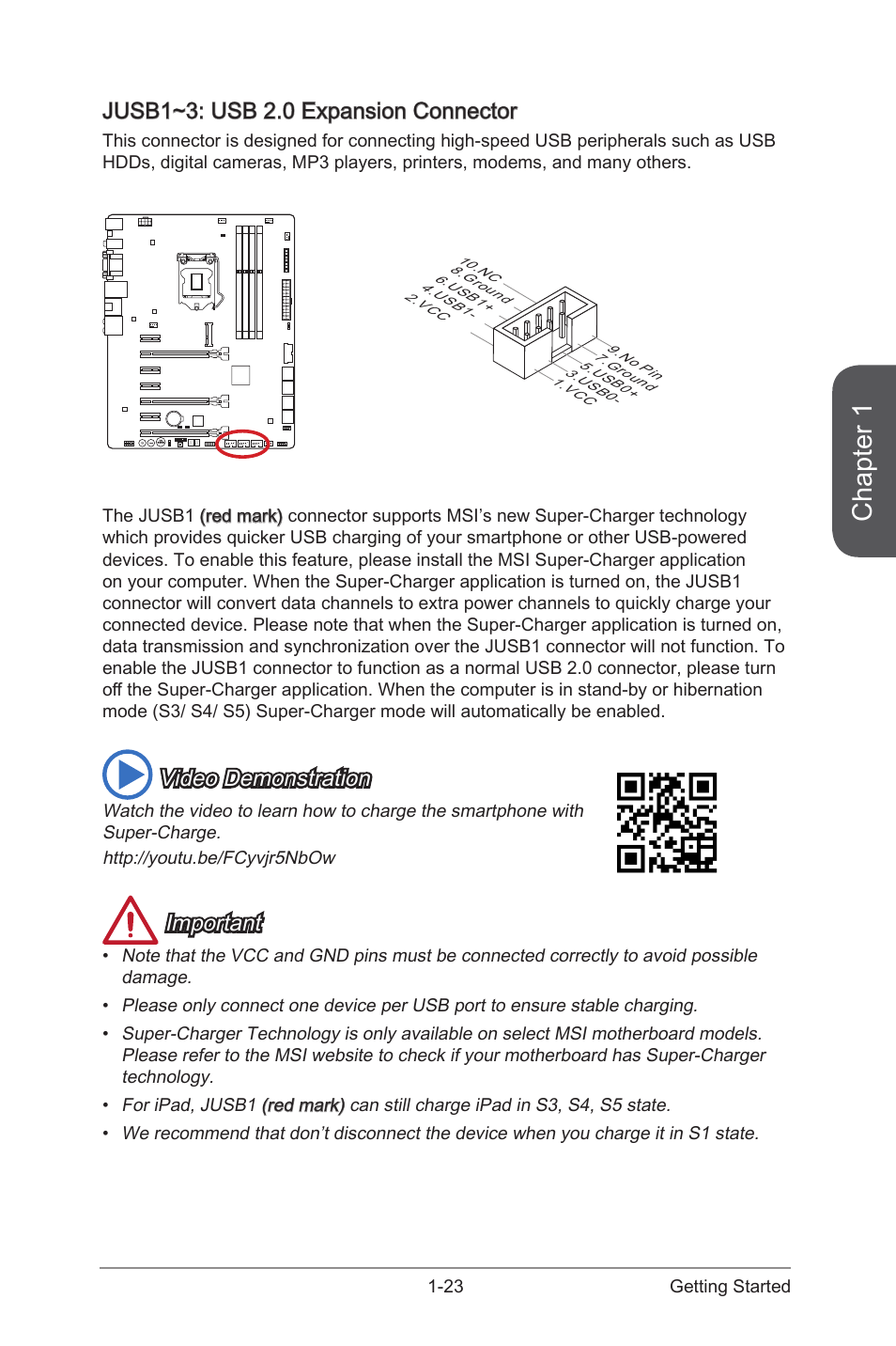 Jusb1~3: usb 2.0 expansion connector, Jusb1~3: usb 2.0 expansion connector -23, Jusb1~3 | Usb 2.0 expansion connector, Chapter 1, Video demonstration, Important | MSI Z97-GD65 GAMING Manual User Manual | Page 37 / 116