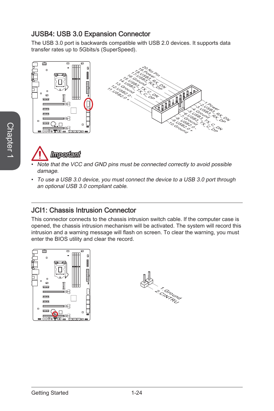 Jusb4: usb 3.0 expansion connector, Jusb4: usb 3.0 expansion connector -24, Jci1 | Chassis intrusion connector, Jusb4, Usb 3.0 expansion connector, Chapter 1, Important, Jci1: chassis intrusion connector, 24 getting started | MSI Z97-GD65 GAMING Manual User Manual | Page 38 / 116