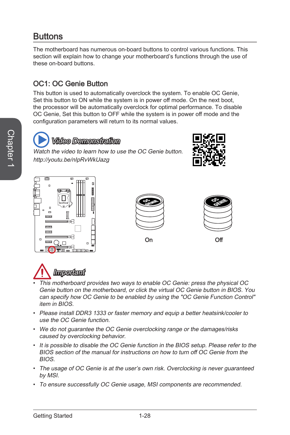 Buttons, Oc1: oc genie button, Buttons -28 | Oc1: oc genie button -28, Oc genie button, Chapter 1, Video demonstration, Important | MSI Z97-GD65 GAMING Manual User Manual | Page 42 / 116