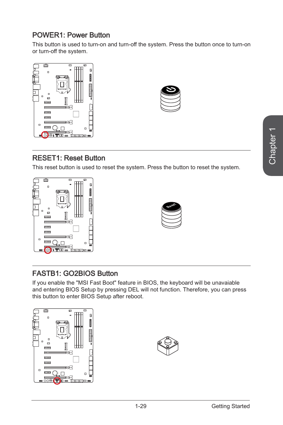 Power1: power button, Power1: power button -29, Fastb1 | Go2bios button, Power1, Power button, Reset1, Reset button, Chapter 1, Reset1: reset button | MSI Z97-GD65 GAMING Manual User Manual | Page 43 / 116