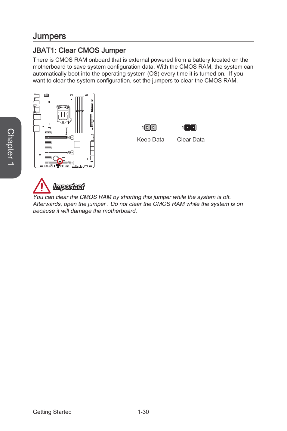 Jumpers, Jbat1: clear cmos jumper, Jumpers -30 | Jbat1: clear cmos jumper -30, Jbat1, Clear cmos jumper, Chapter 1, Important | MSI Z97-GD65 GAMING Manual User Manual | Page 44 / 116