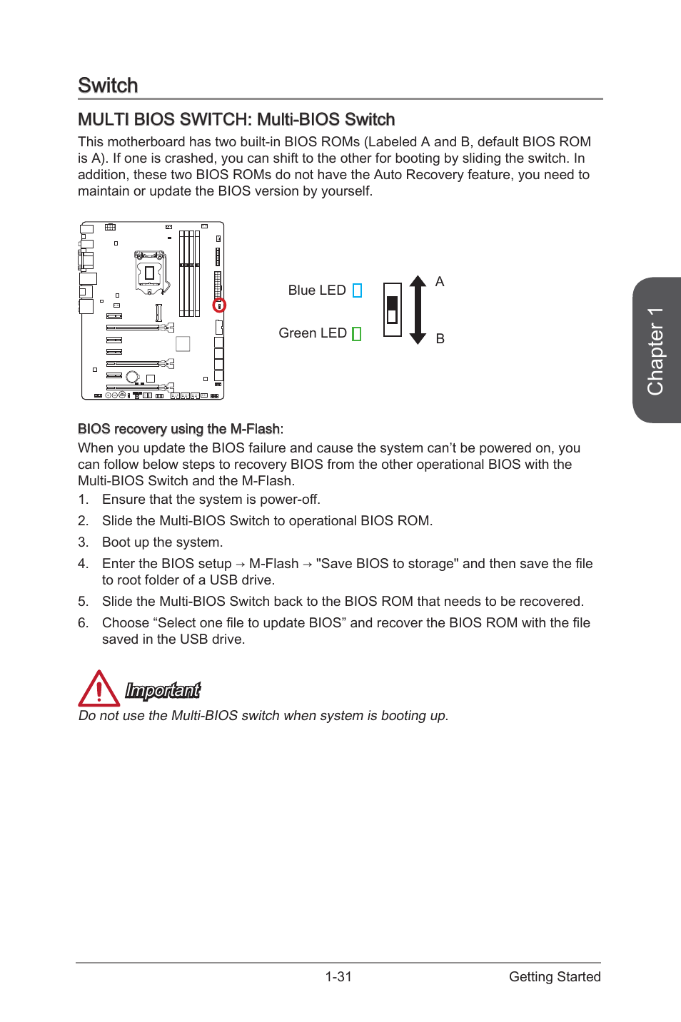 Switch, Multi bios switch: multi-bios switch, Switch -31 | Multi bios switch: multi-bios switch -31, Multi bios switch, Multi-bios switch, Chapter 1, Important | MSI Z97-GD65 GAMING Manual User Manual | Page 45 / 116