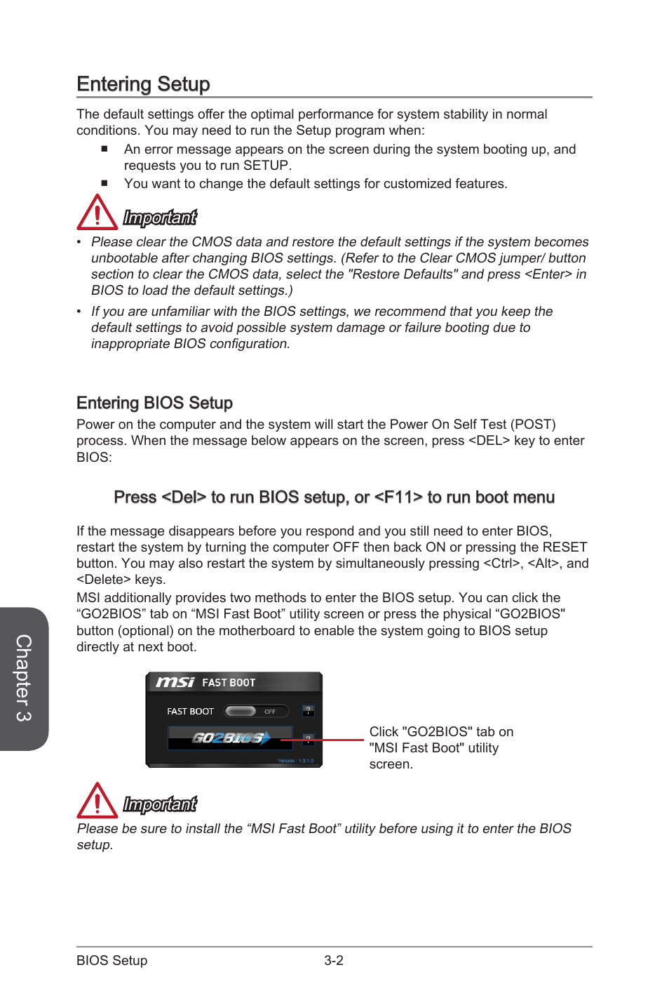 Entering setup, Entering bios setup, Entering setup -2 | Entering bios setup -2, Chapter 3, Important | MSI Z97-GD65 GAMING Manual User Manual | Page 66 / 116
