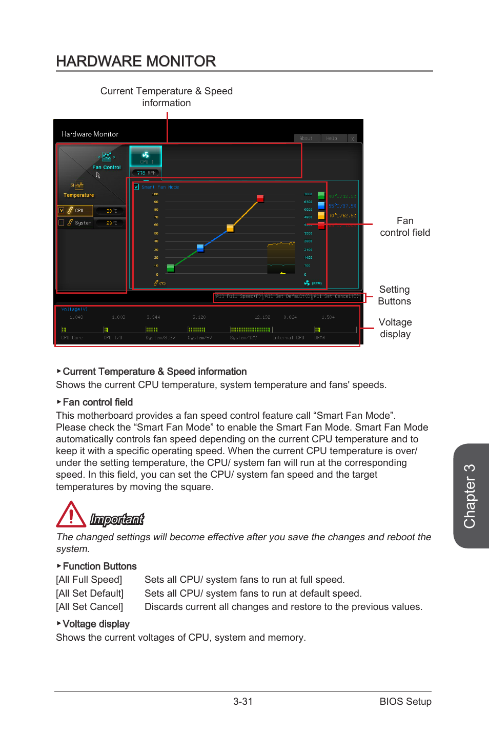 Hardware monitor, Hardware monitor -31, Chapter 3 | Important | MSI Z97-GD65 GAMING Manual User Manual | Page 95 / 116