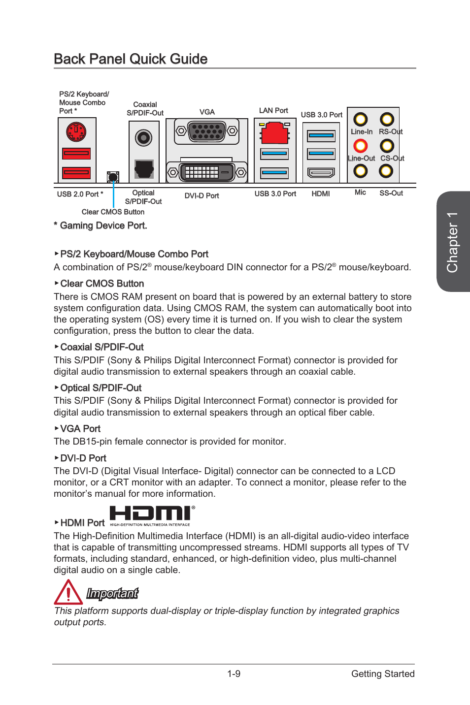 Back panel quick guide -9, Chapter 1, Back panel quick guide | Important | MSI Z97-G45 GAMING User Manual | Page 23 / 106