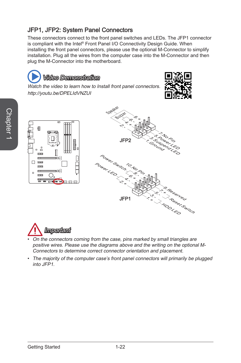 Jfp1, jfp2: system panel connectors, Jfp1, jfp2: system panel connectors -22, Jfp1, jfp2 | System panel connectors, Chapter 1, Video demonstration, Important | MSI Z97-G45 GAMING User Manual | Page 36 / 106