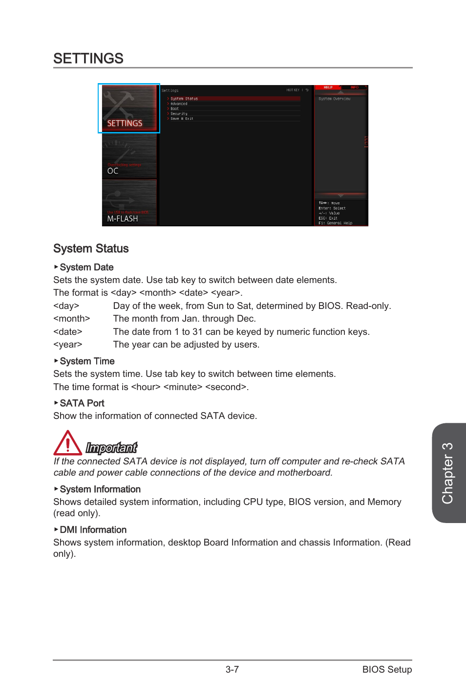 Settings -7, System status -7, Chapter 3 | Settings, System status, Important | MSI Z97-G45 GAMING User Manual | Page 65 / 106