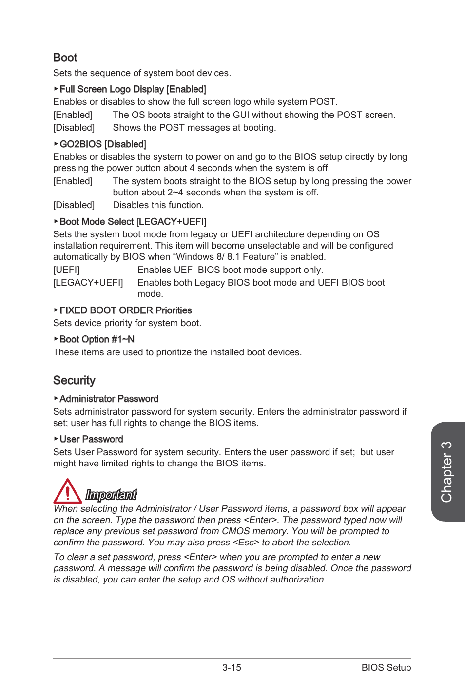 Boot -15 security -15, Chapter 3, Boot | Security, Important | MSI Z97-G45 GAMING User Manual | Page 73 / 106