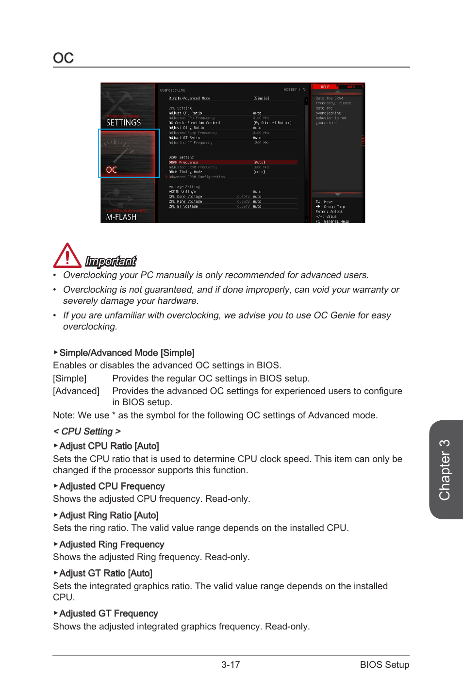 Oc -17, Chapter 3, Important | MSI Z97-G45 GAMING User Manual | Page 75 / 106