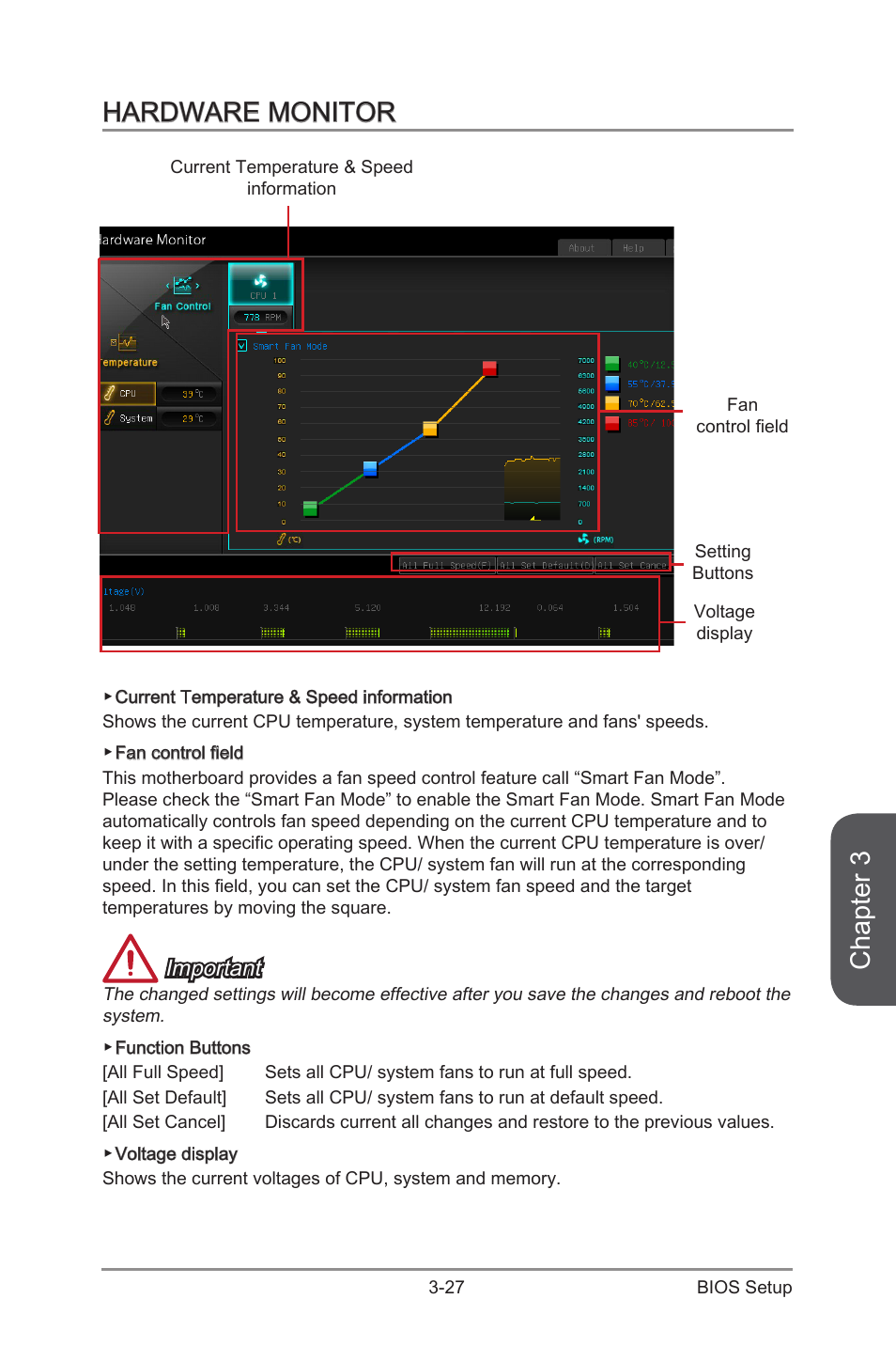 Hardware monitor -27, Chapter 3, Hardware monitor | Important | MSI Z97-G45 GAMING User Manual | Page 85 / 106