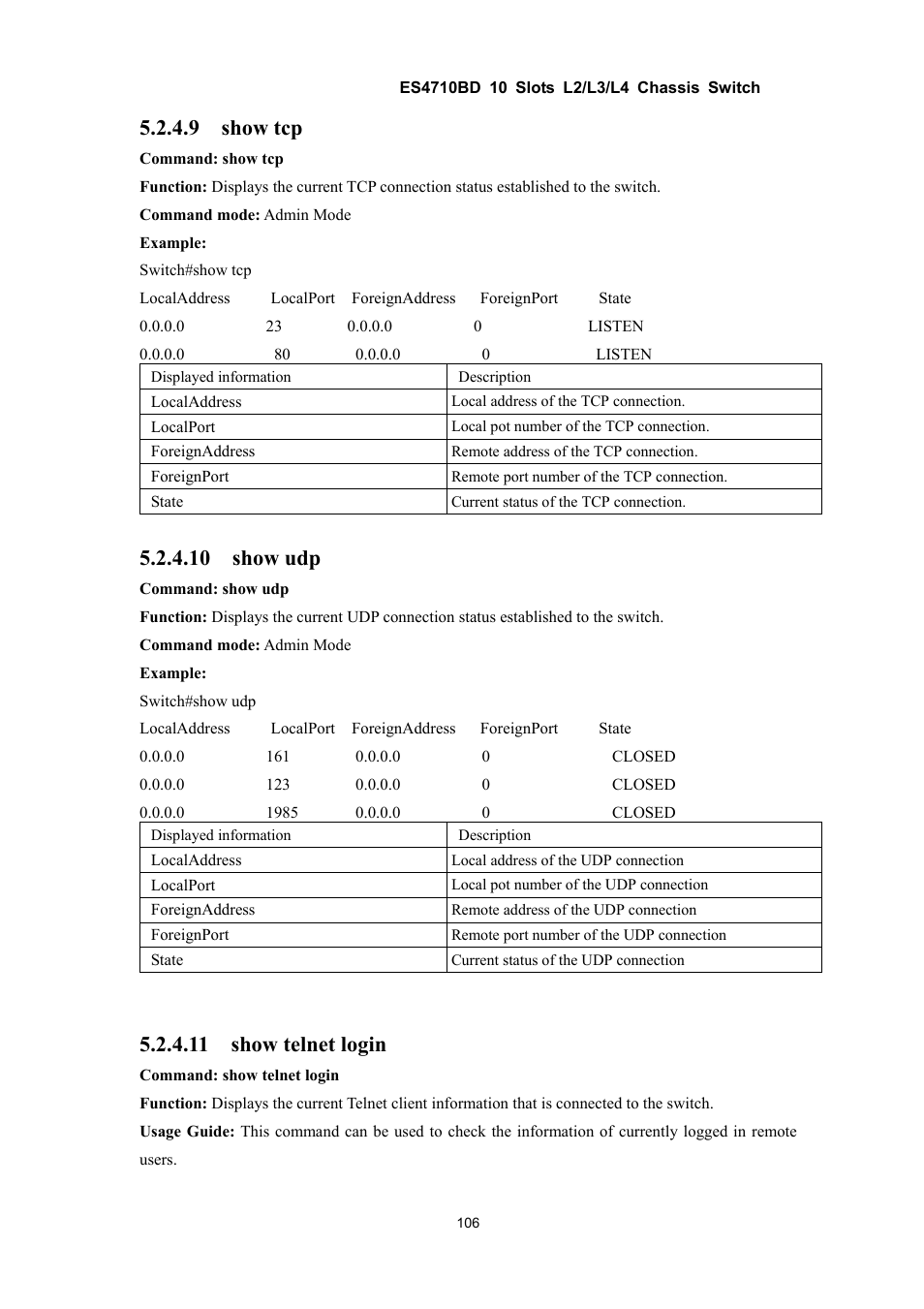 9 show tcp, 10 show udp, 11 show telnet login | Accton Technology ES4710BD User Manual | Page 107 / 547