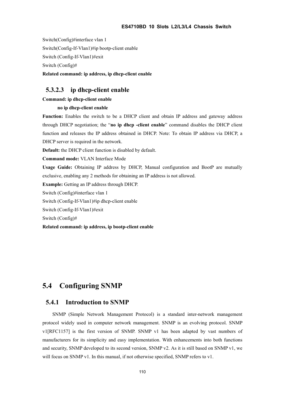 4 configuring snmp, 3 ip dhcp-client enable, 1 introduction to snmp | Accton Technology ES4710BD User Manual | Page 111 / 547