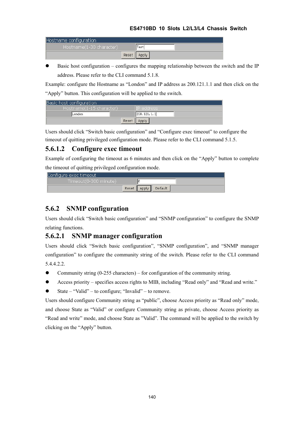 2 configure exec timeout, 2 snmp configuration, 1 snmp manager configuration | Accton Technology ES4710BD User Manual | Page 141 / 547