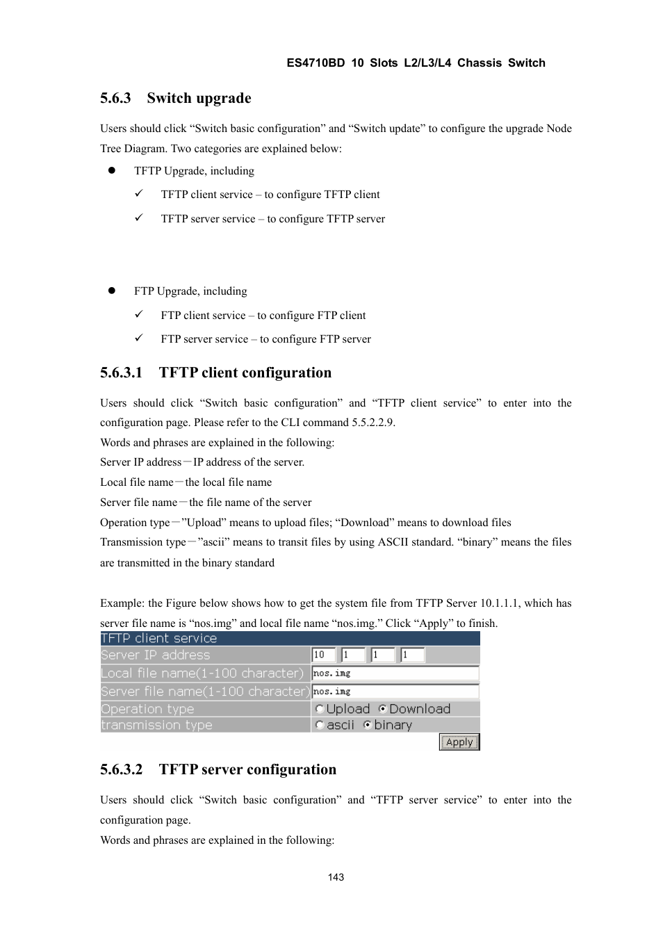 3 switch upgrade, 1 tftp client configuration, 2 tftp server configuration | Accton Technology ES4710BD User Manual | Page 144 / 547