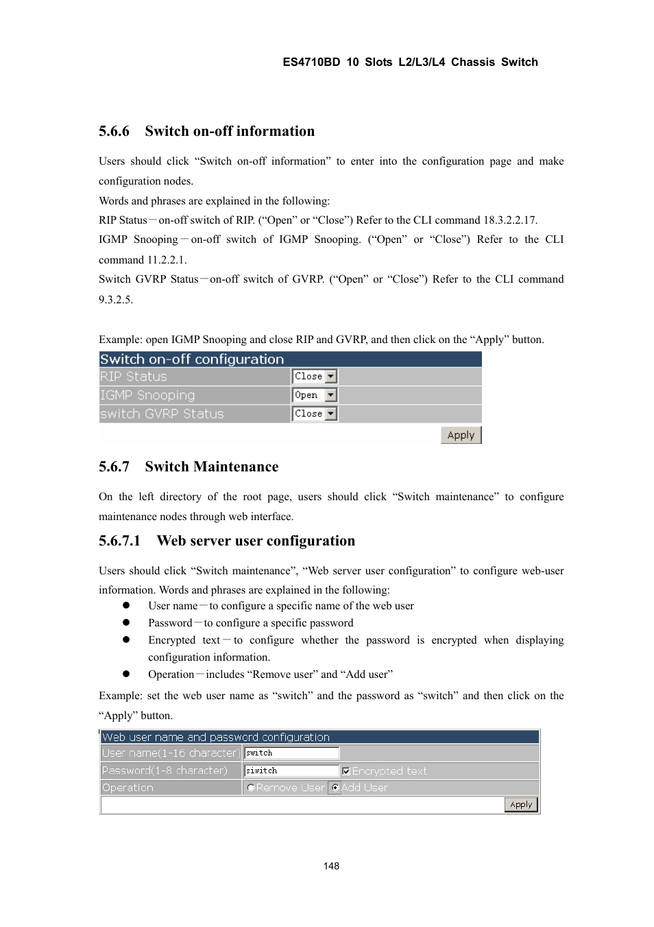 6 switch on-off information, 7 switch maintenance, 1 web server user configuration | Accton Technology ES4710BD User Manual | Page 149 / 547